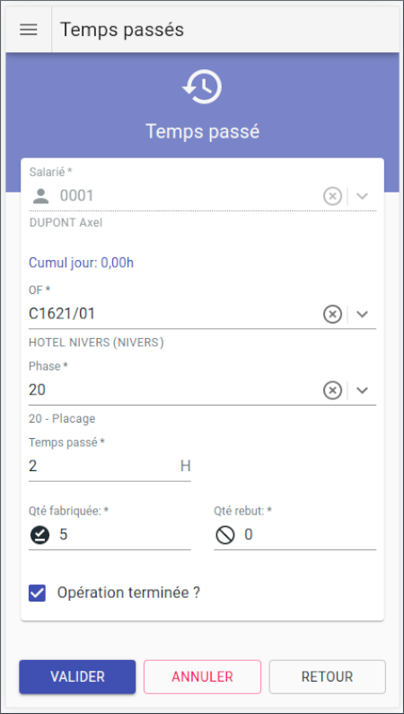 Saisie atelier de temps passé sur appareil mobile