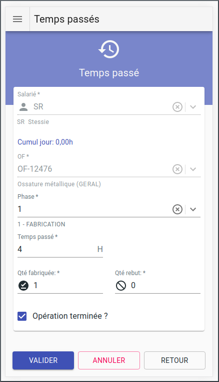 Saisie de temps passé par code barre