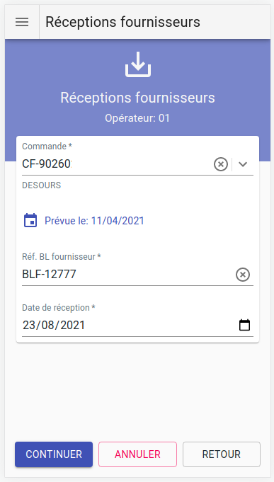 Saisie de réception fournisseur depuis l'entrepôt