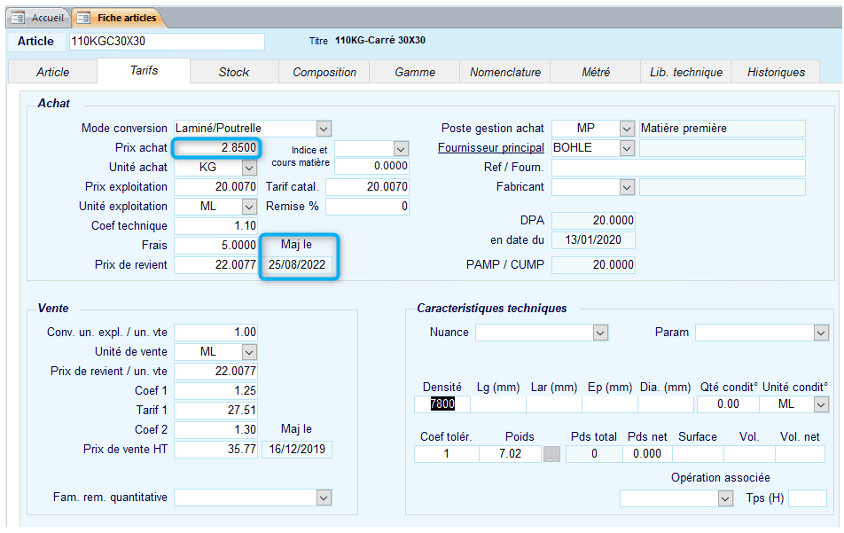 Mise à jour des prix d'achats d'un article HERAKLES ERP