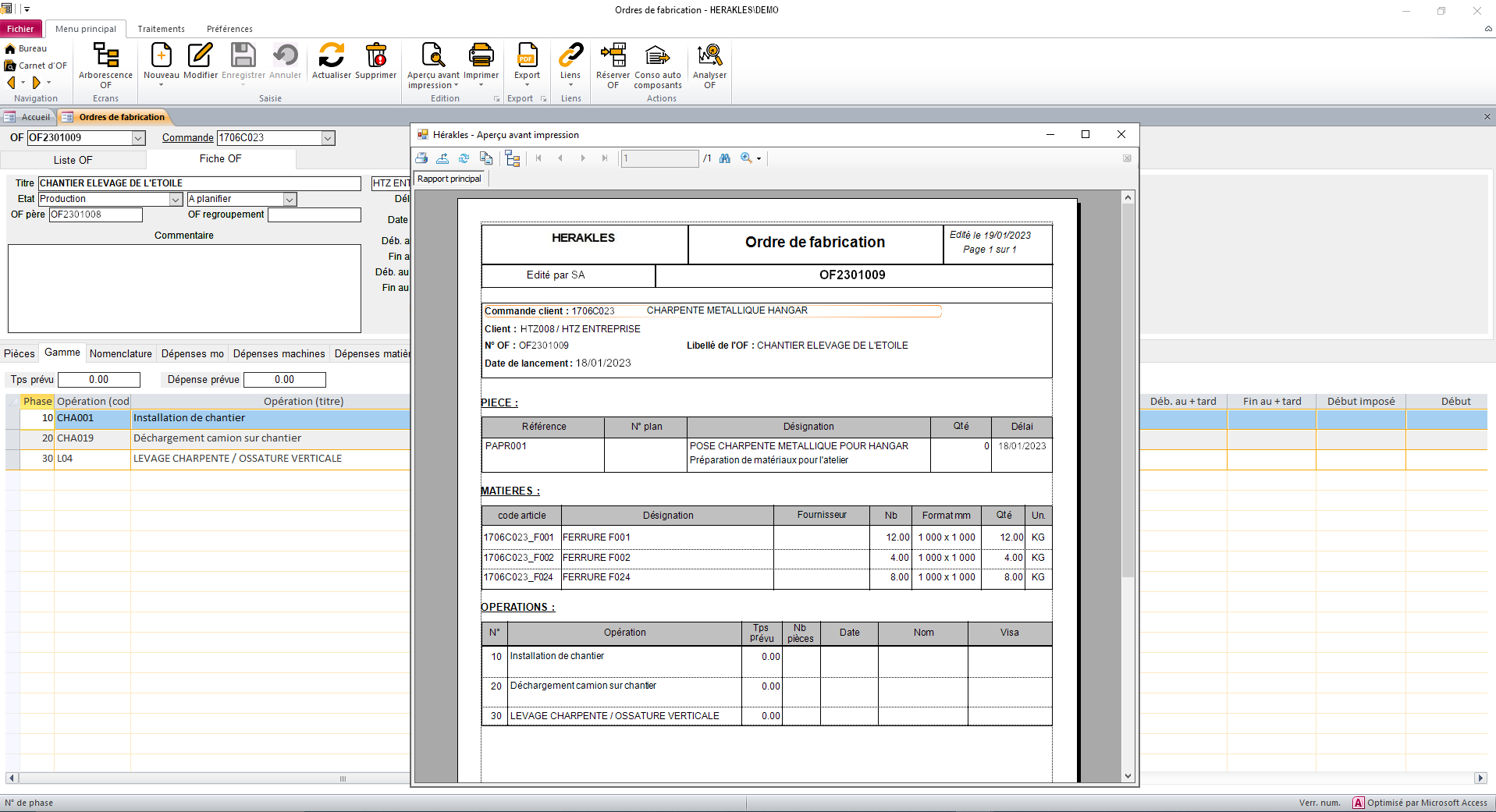 Composition d'un OF dans le logiciel ERP HERAKLS