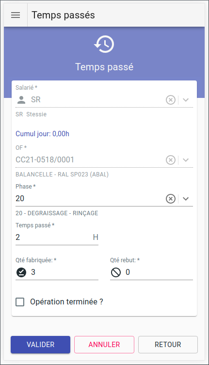 Scénario de saisie de temps passé par code barre sur appareil mobile Scénario de saisie code barre sur terminal mobile