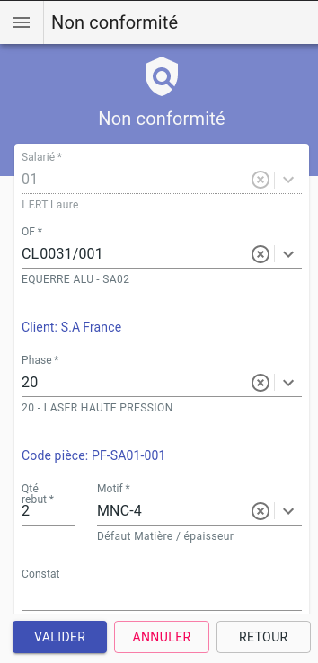 Application de saisie en mobilité, fiche de non-conformité interne