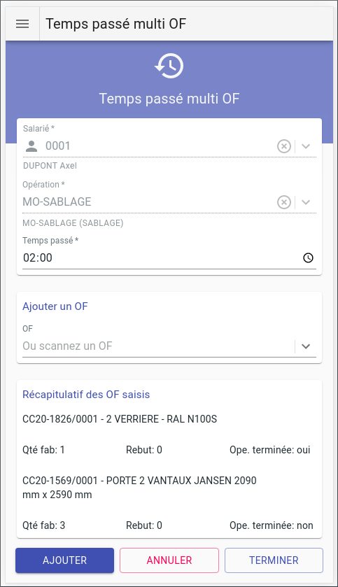 Scénario de saisie PDA, saisie code barre sur regroupement d'OF