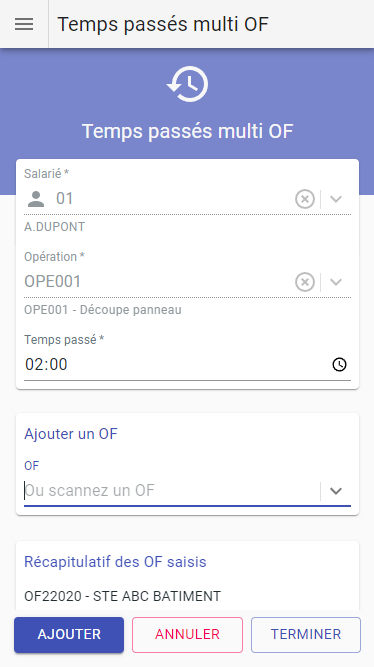 Saisie de temps passé sur regroupement d'OF