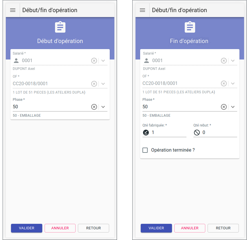 Scénario de saisie d'avancement de production sur PDA ou terminal mobile