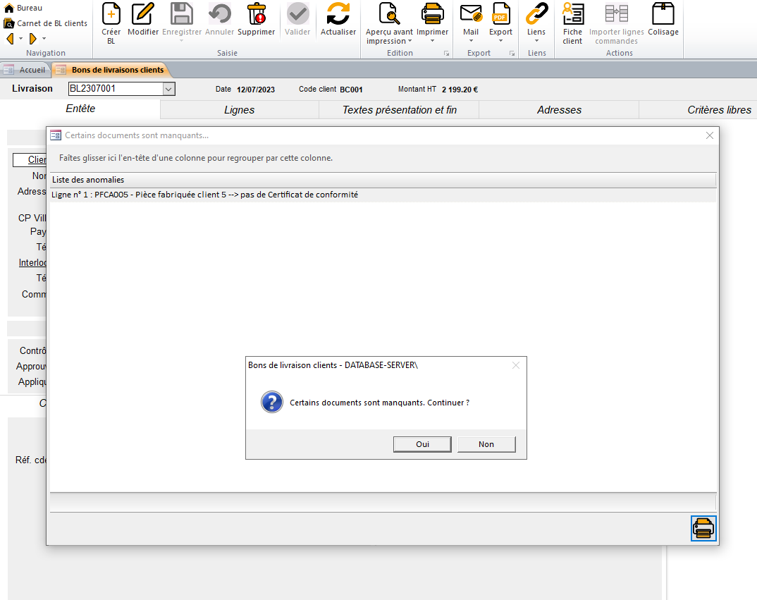Alerte pour document manquant lors de l'envoi d'un mail HERAKLES ERP 
