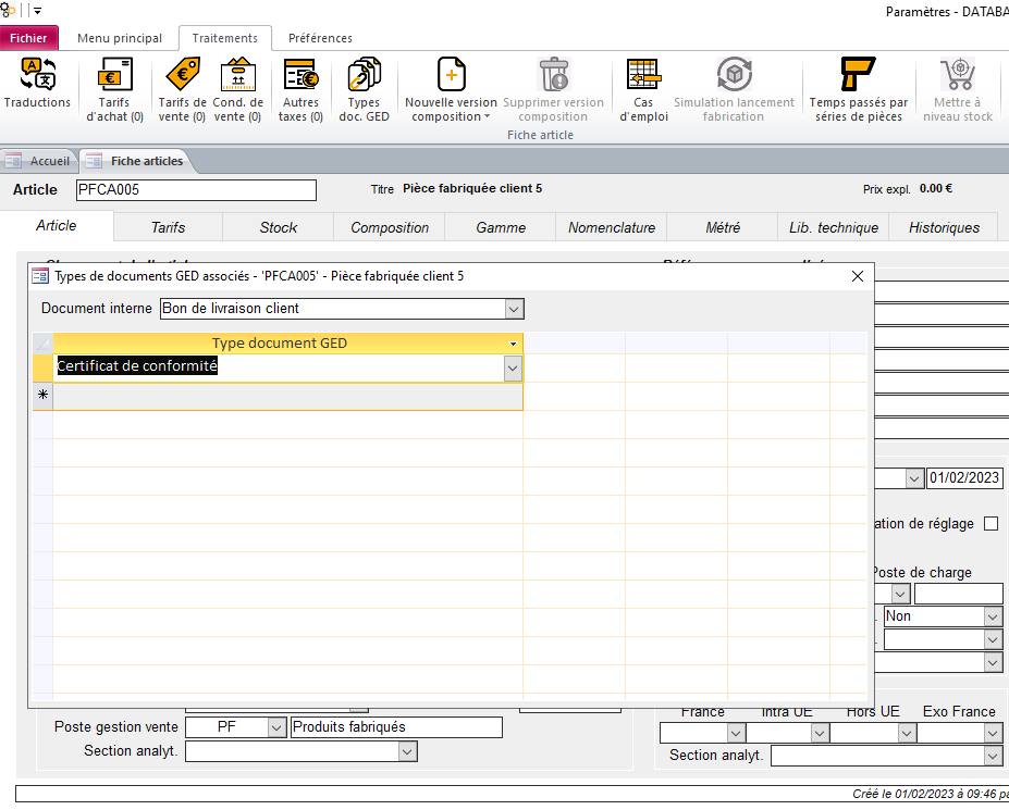 Association de type de documents GED à une fiche article dans HERAKLES ERP 