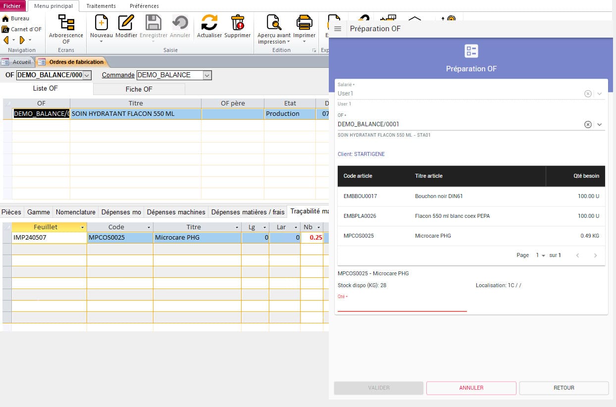 Logiciel ERP HERAKLES gestion des pesées d'ingrédients et matières avec une balance