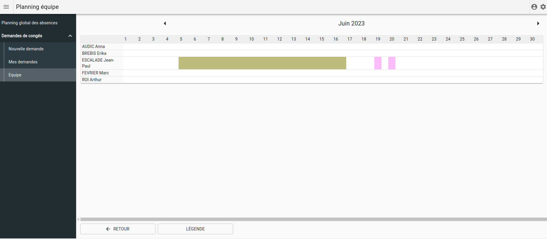 Planning des absences d'équipe dans le module web HERAKLES CONGES