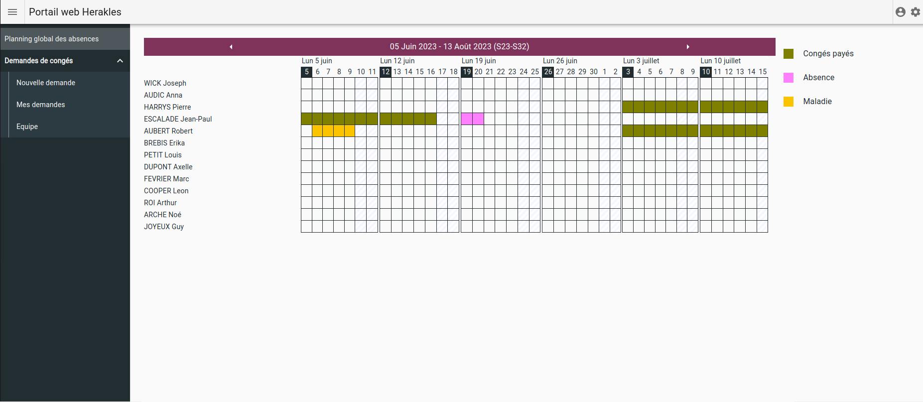 Planning des absences sur 10 semaines dans le module web HERAKLES CONGES