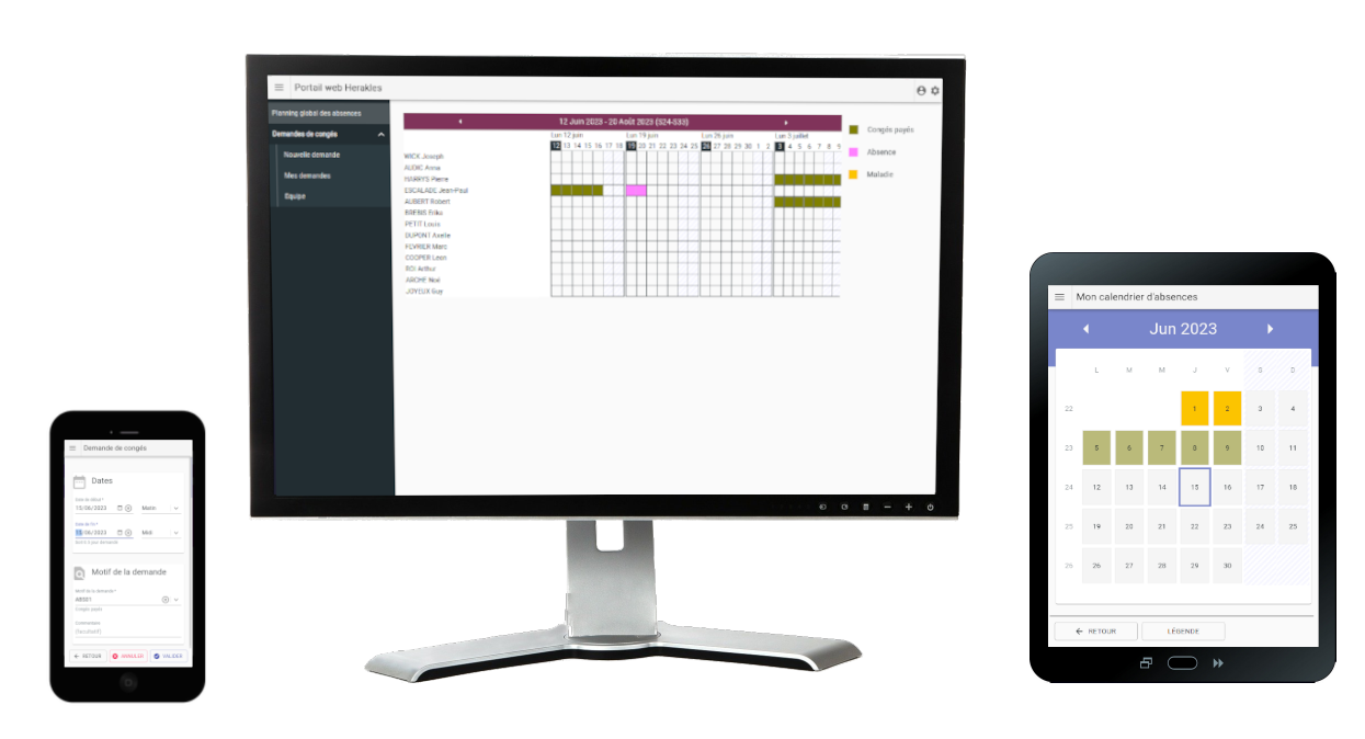 Le module web congés HERAKLES présentés sur les différents appareils compatibles (PC, smartphone, tablette)