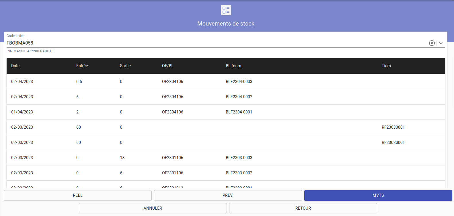 Ecran de consultation des mouvements de stock dans HERAKLES MOBILITE