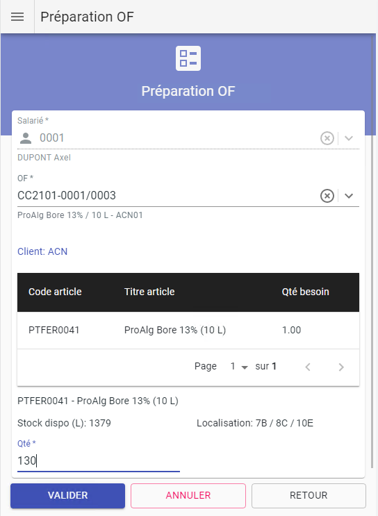 Scénario de préparation d'OF