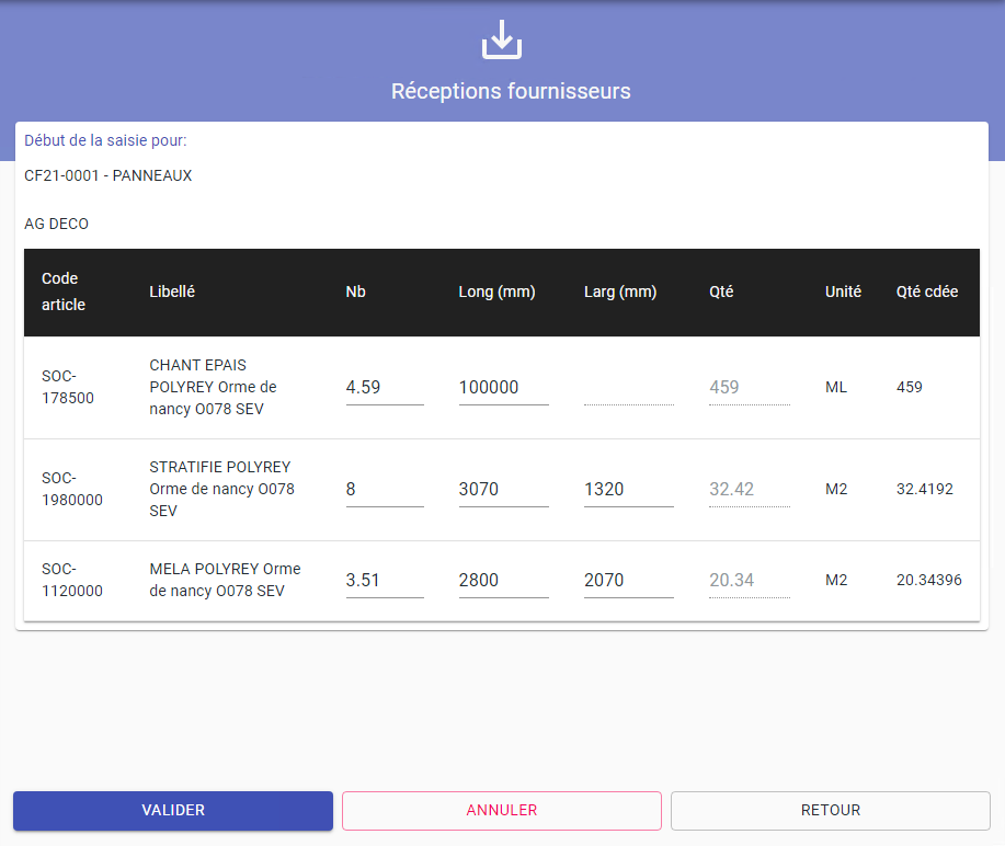 Scénario de réception fournisseur multilignes avec saisie des dimensions 