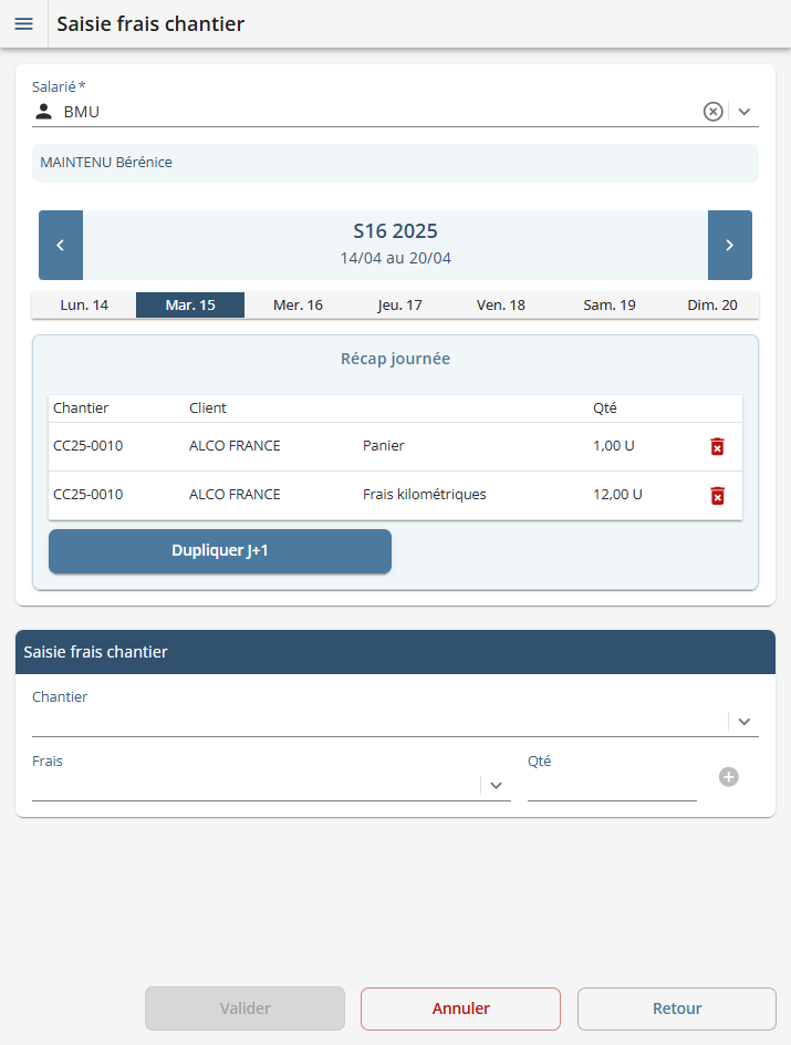 Saisie hebdomadaire de frais chantier
