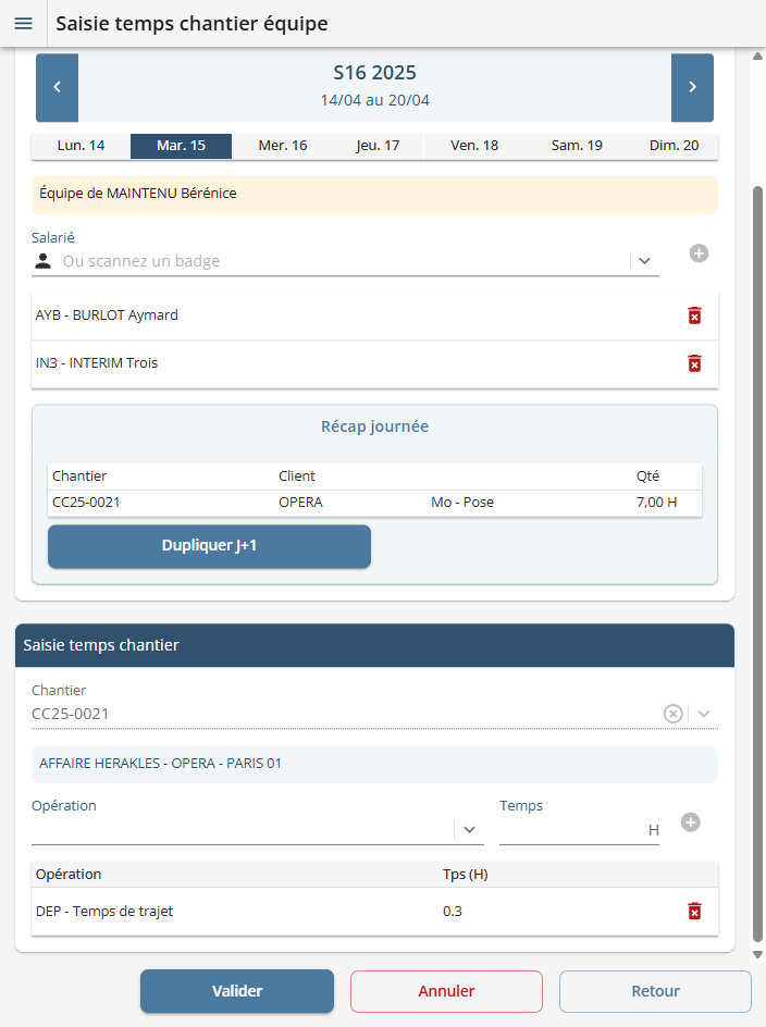 Saisie de temps chantier par équipe