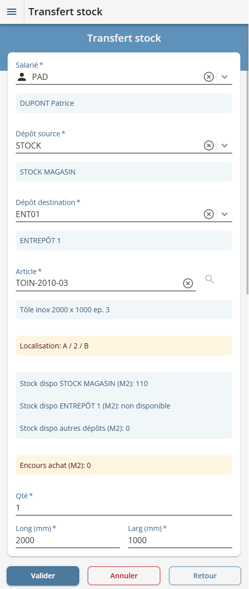 Saisie transfert de stock inter dépôts en mobilité avec le logiciel ERP HERAKLES