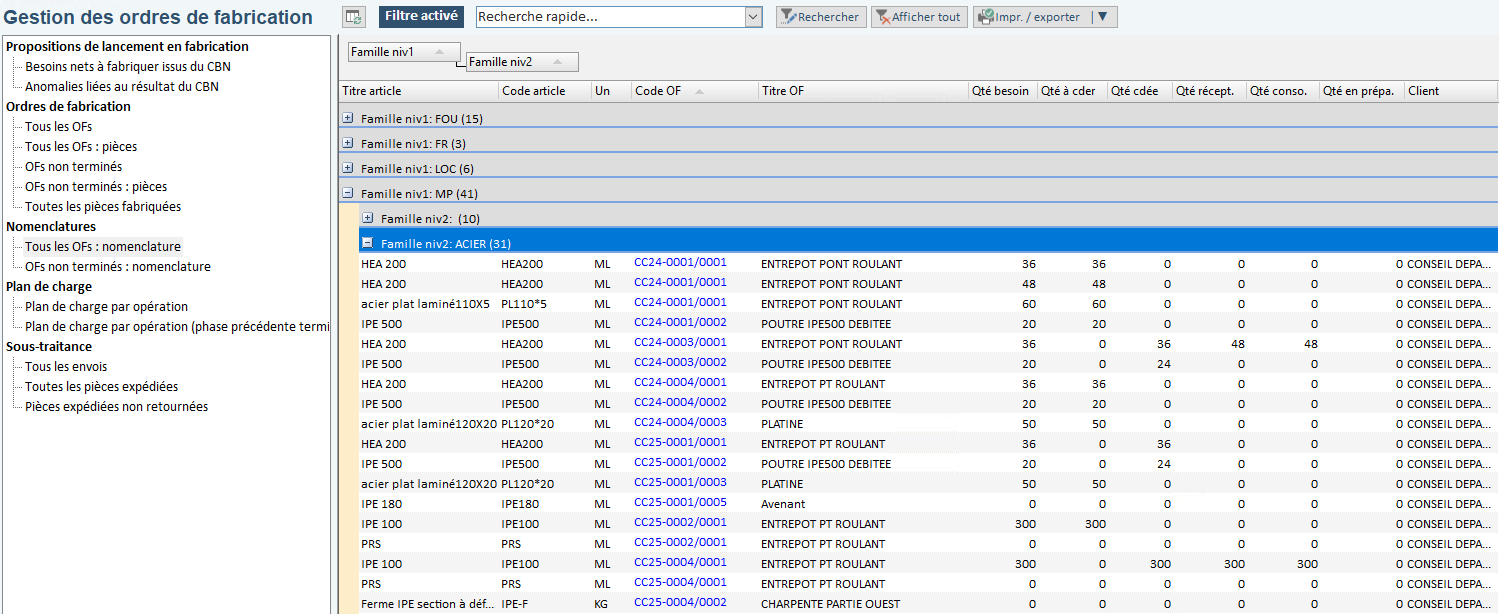 Visualisation des besoins de nomenclature en accueil du module OF