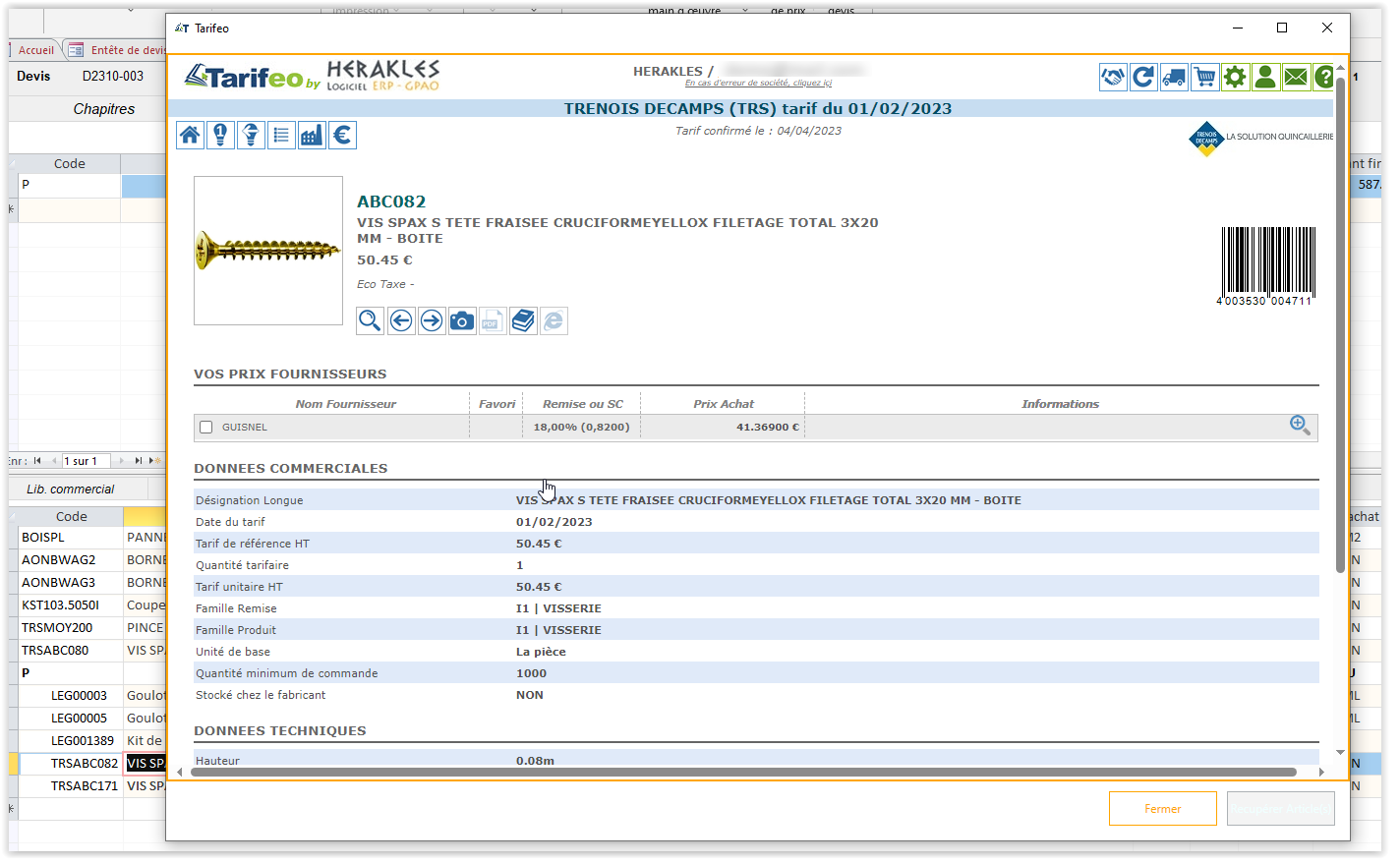 Consultation fiche article TARIFEO dans HERAKLES