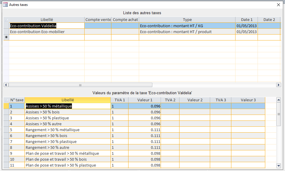 Ecran de définition des autres taxes ou contributions dans HERAKLES