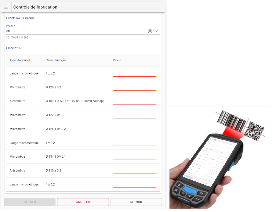 Saisie d'une fiche de contrôle sur appareil mobile 