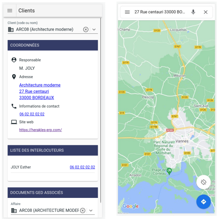 Visualisation des infos client dans le module SAV - Interventions mobile HERAKLES