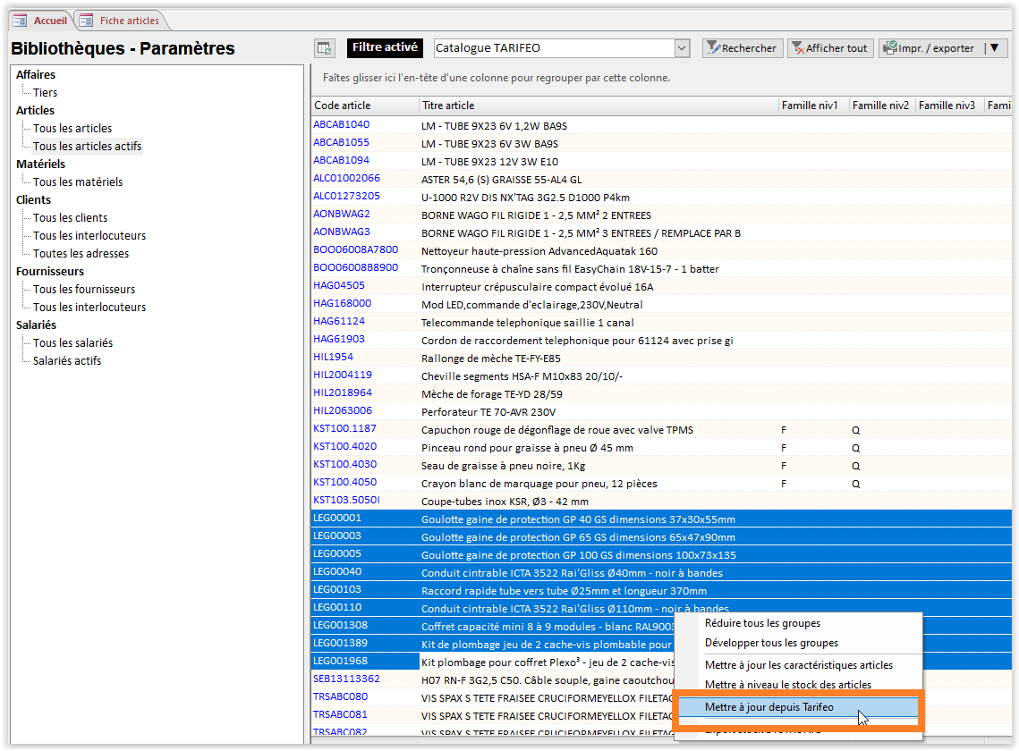 Mise a jour articles TARIFEO en base articles