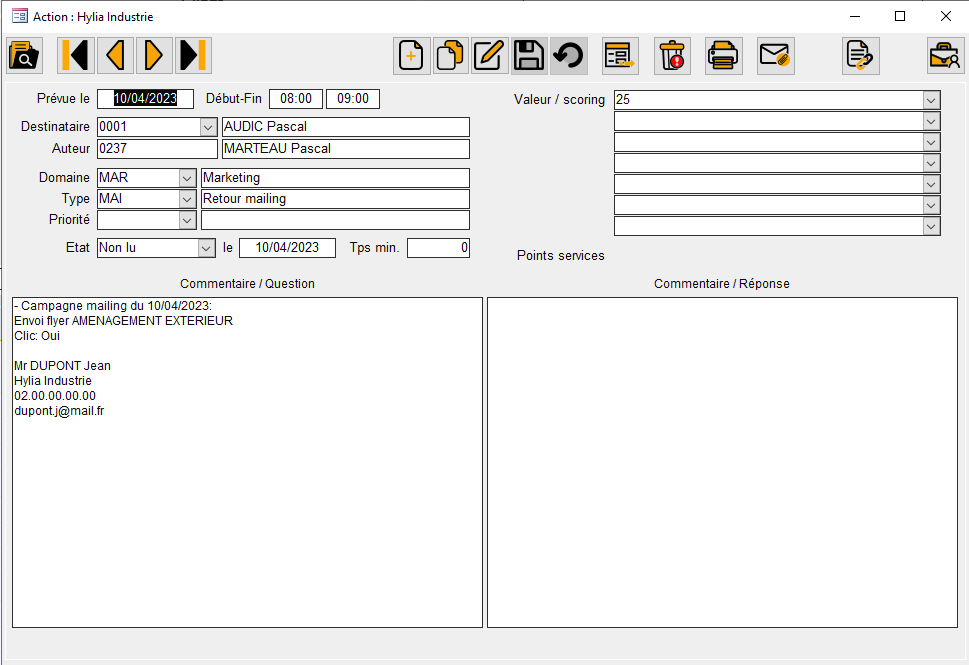 Fiche action dans la CRM HERAKLES