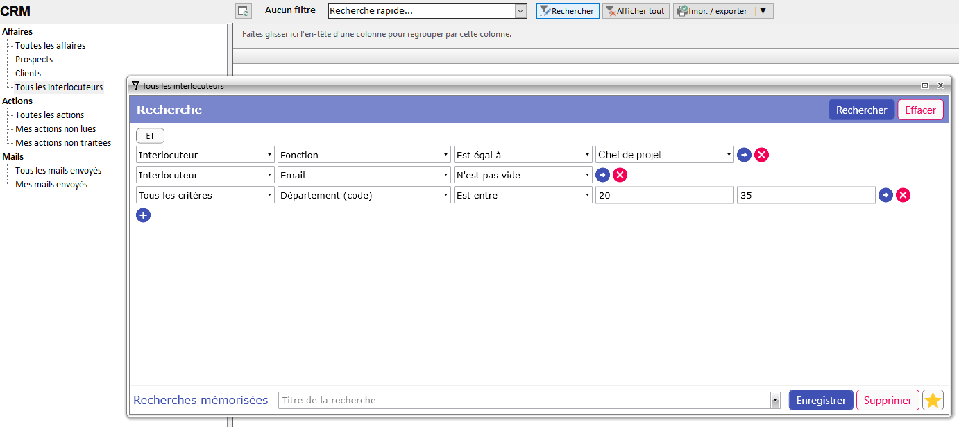 Fenêtre de recherche avancée dans le module CRM HERAKLES