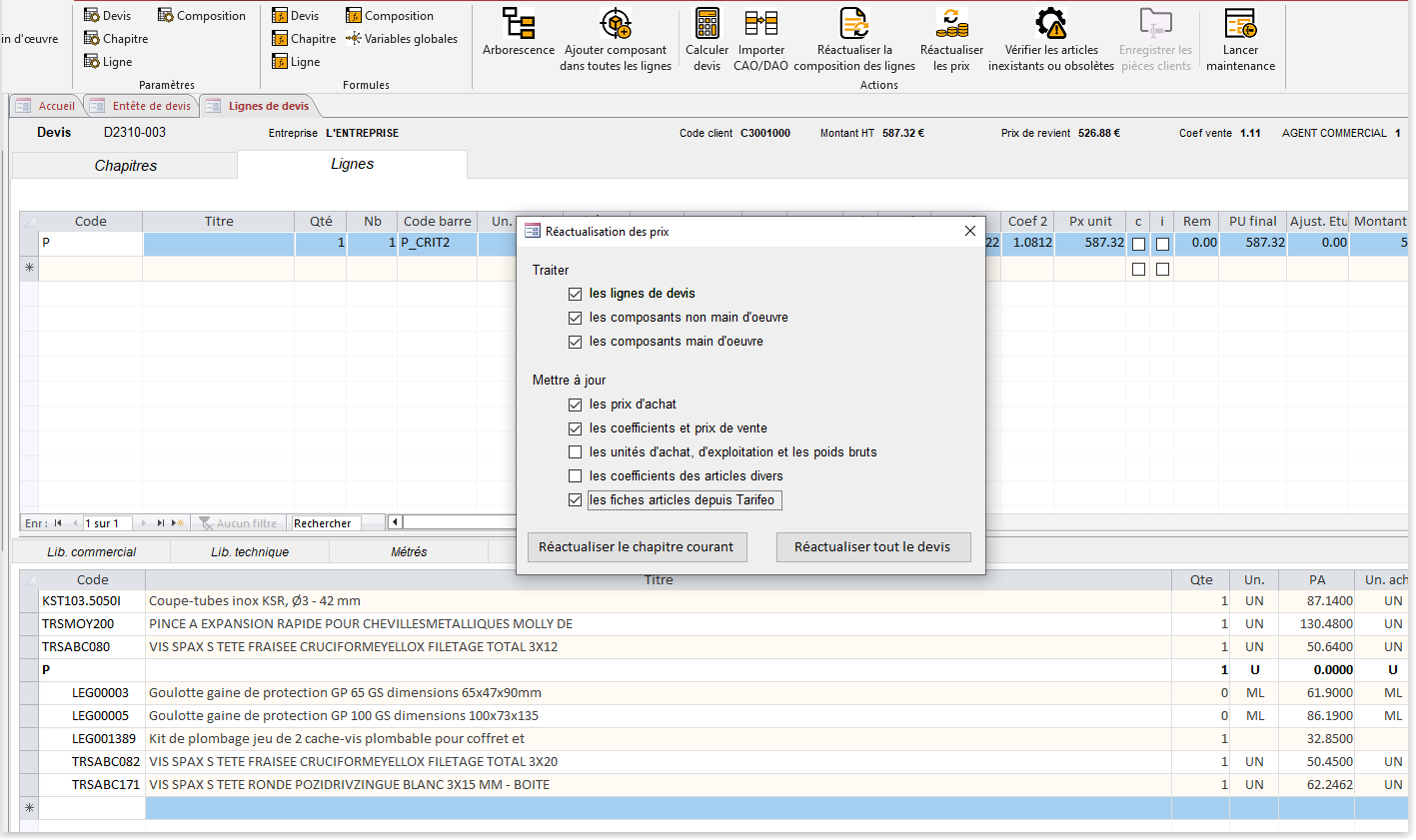 Actualisation des articles issus de TARIFEO dans le contexte du devis HERAKLES
