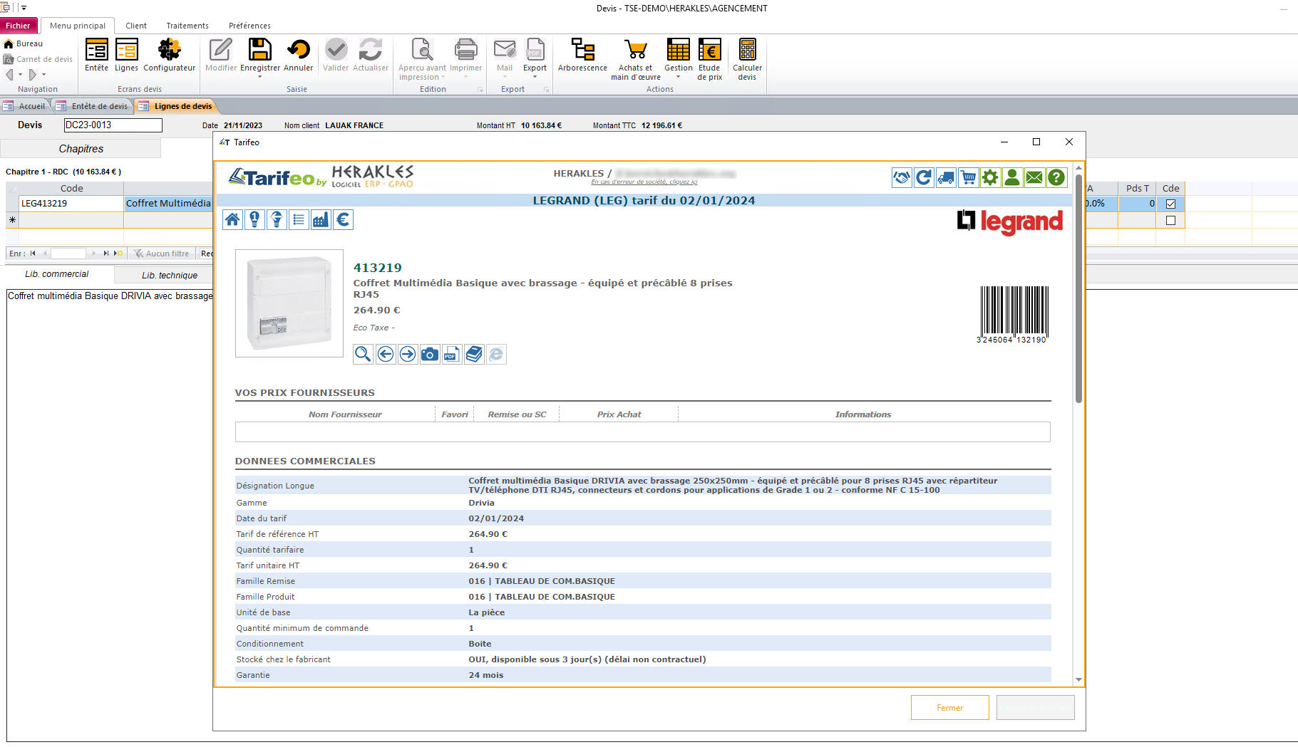 Logiciel ERP HERAKLES: Utilisation de TARIFEO dans le module DEVIS