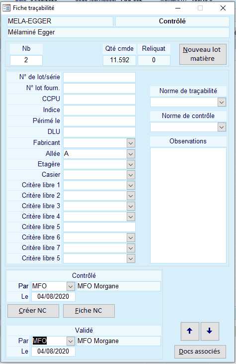 Fiche de traçabilité dans le logiciel ERP HERAKLES