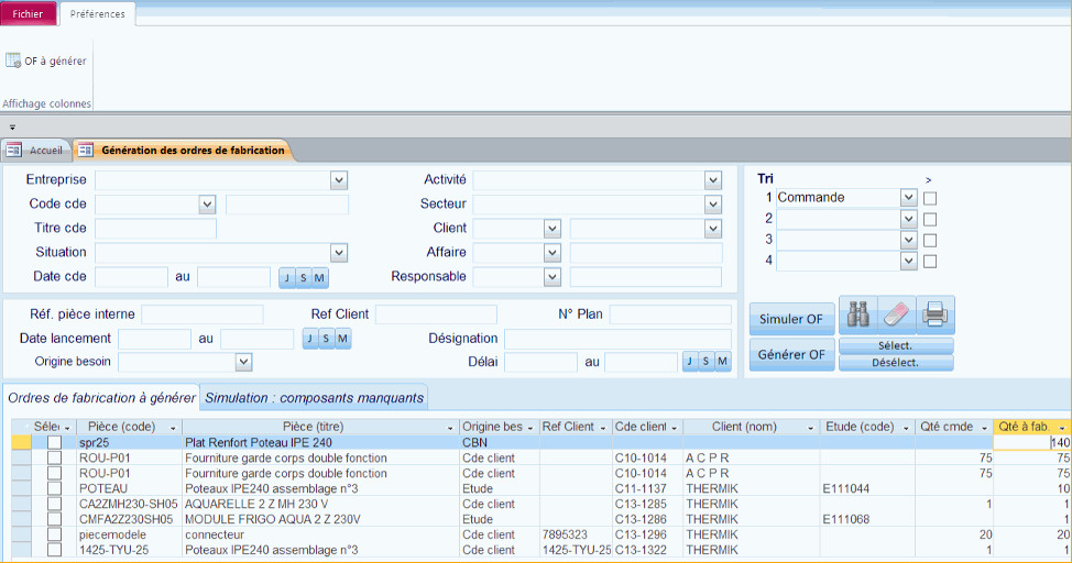 Génération des ordres de fabrication dans le module OF du logiciel HERAKLES
