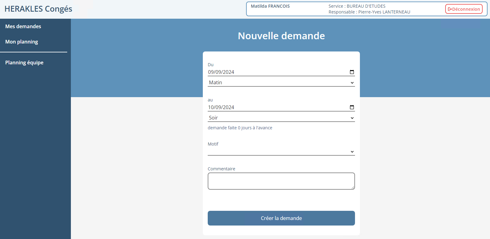 Demande de congés dans l'application Demande de congés du Logiciel ERP HERAKLES