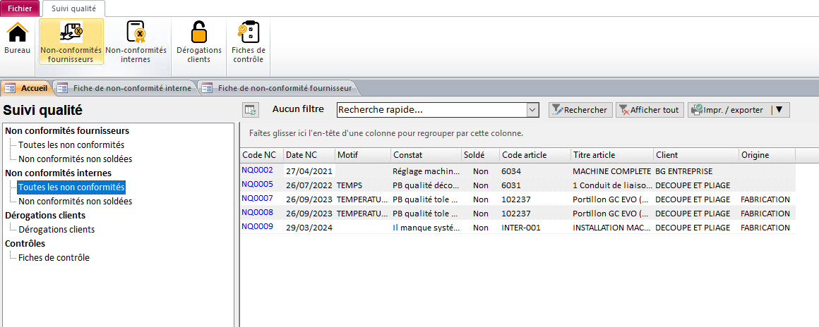 Accueil du module de suivi de QUALITE du logiciel ERP HERAKLES