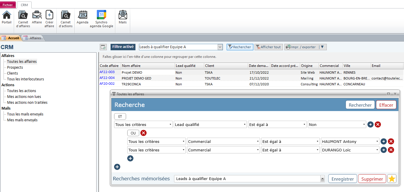 Recherche avancée dans le module CRM du logiciel ERP HERAKLES