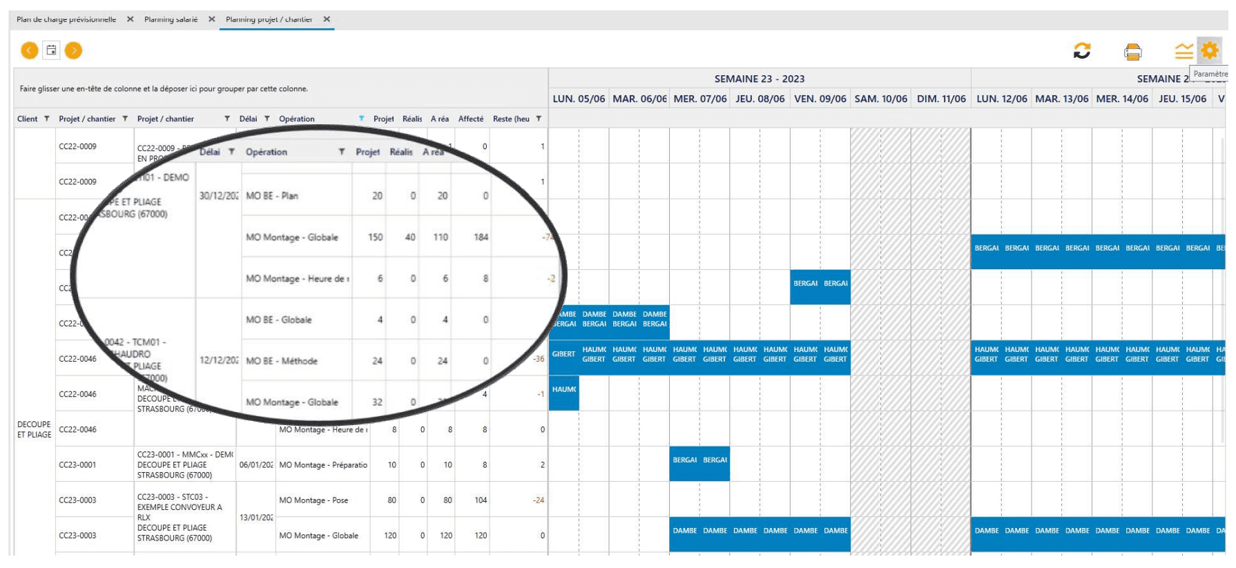 Visualisation des affectations dans le planning projet et chantier du logiciel ERP HERAKLES