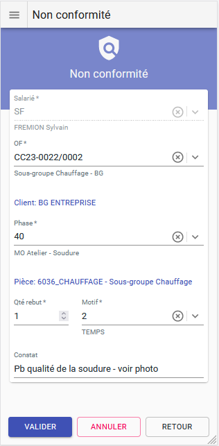 Saisie non conformité sur appareil pda avec l'application HERAKLES MOBILITE