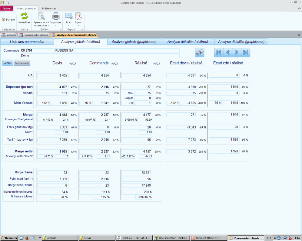 Analyse des commandes clients dans le logiciel HERAKLES ERP