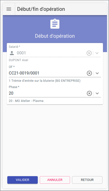 Saisie de suivi de production sur PDA