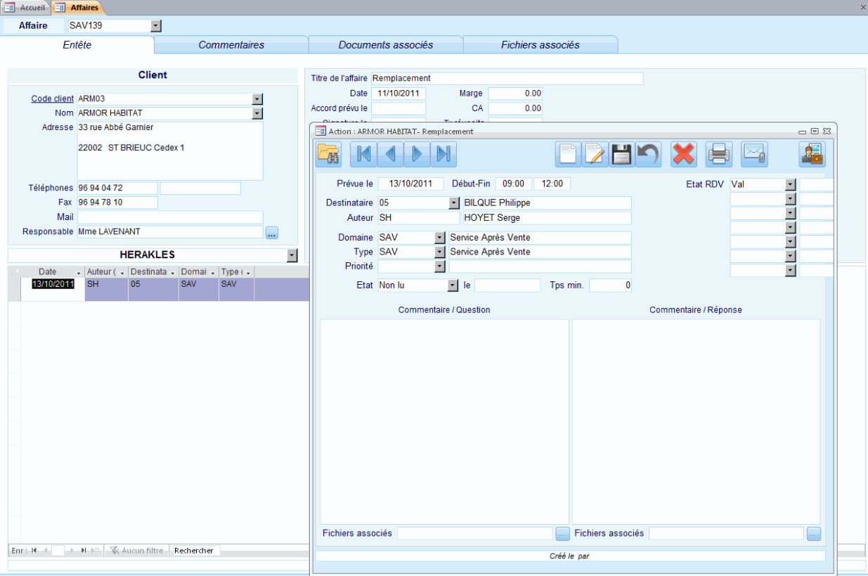 Fiche action dans la CRM du logiciel ERP HERAKLES