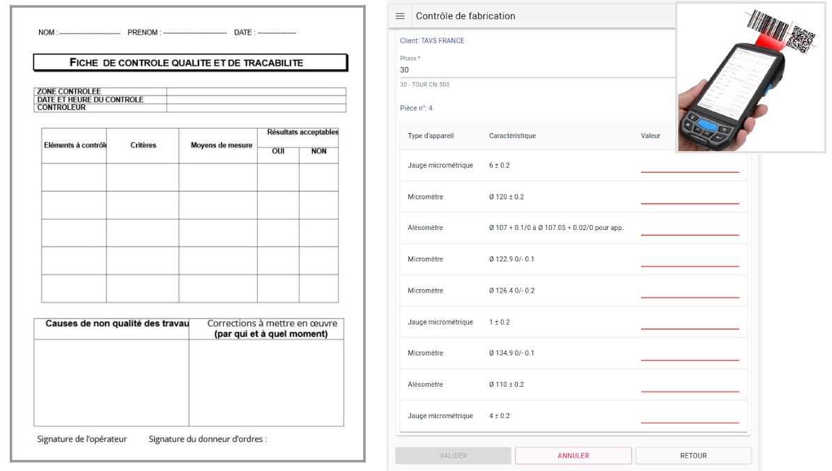 Saisie sur appareil mobile d'une fiche de contrôle de qualité