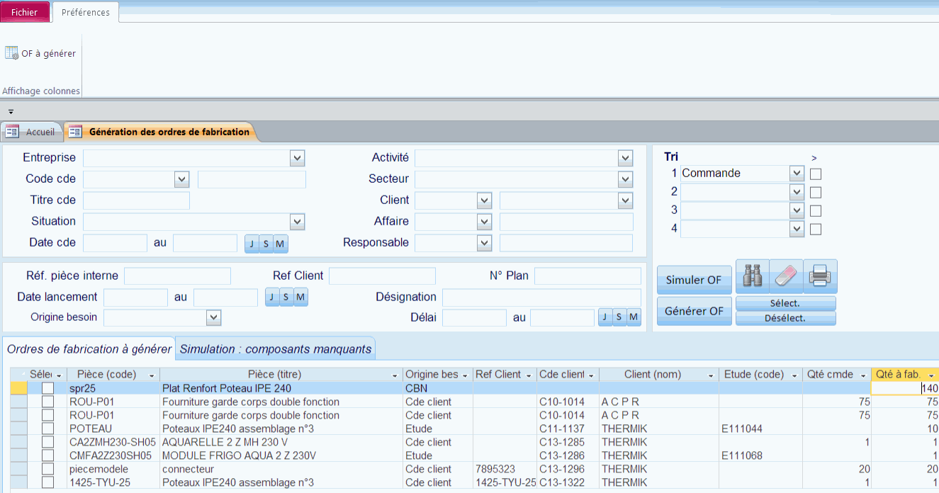 Génération des OF avec le logiciel ERP HERAKLES