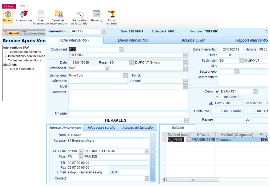 Création d'intervention dans le module SAV Interventions du logiciel ERP HERAKLES