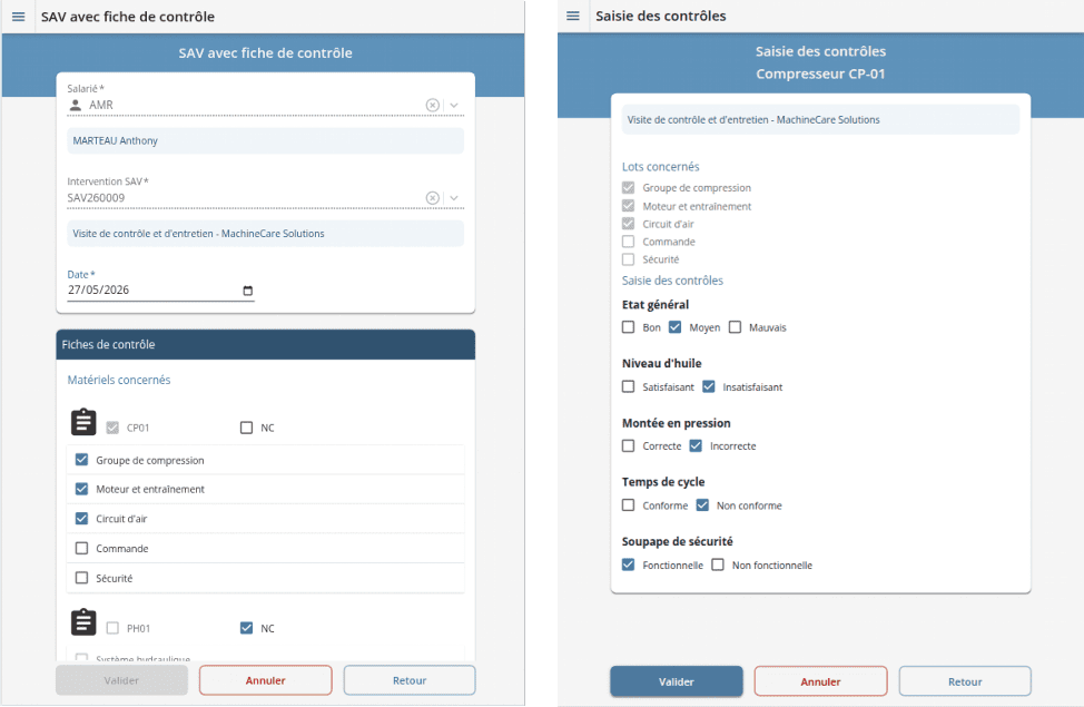 Fiche client dans l'application SAV Mobile HERAKLES Fiche de contrôle de matériel dans l'application Herakles Mobilité