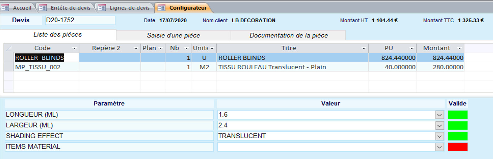 Configurateur de produits dans le logiciel ERP HERAKLES