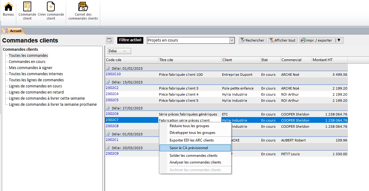 Saisie du CA prévisionnel à l'accueil du module 'Commandes client'