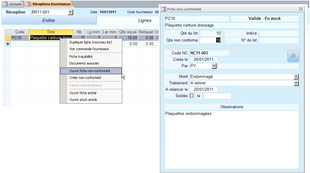Création d'une non-conformité fournisseur dans HERAKLES