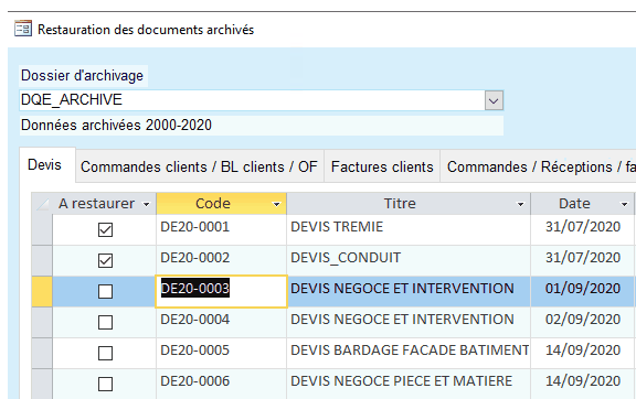 Réintégration de donnees archivées dans la base de travail HERAKLES